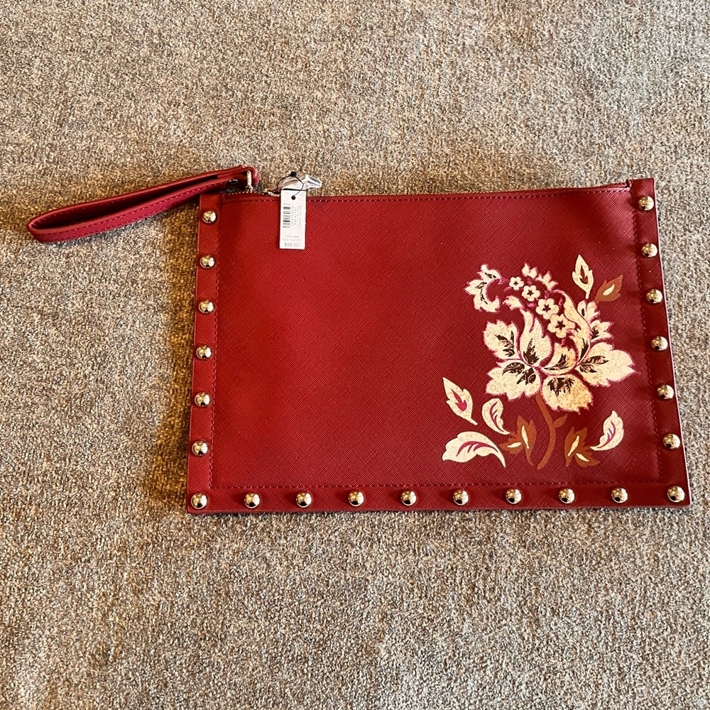 White House Black Market Dark Pink Studded Floral Wristlet NWT